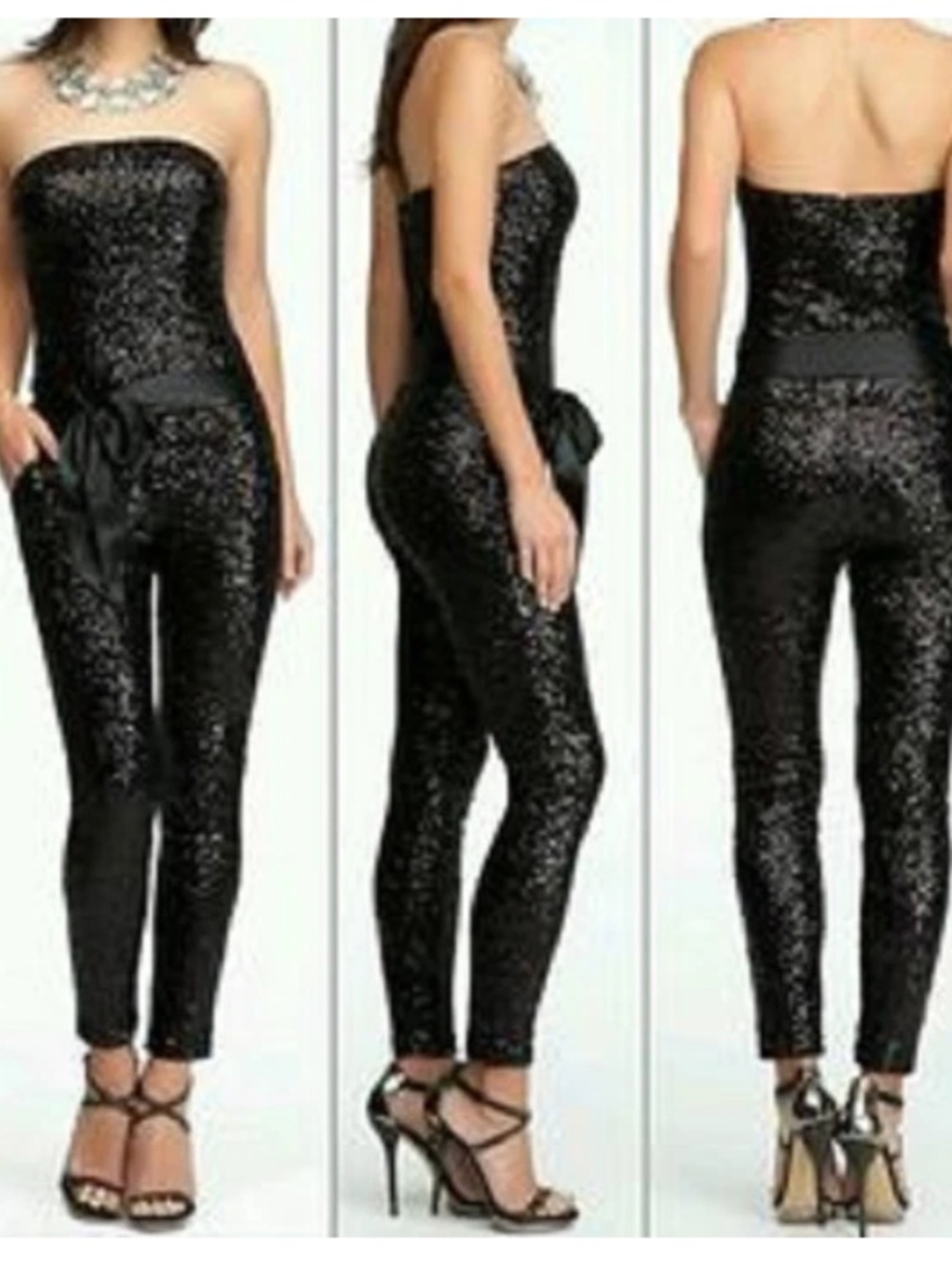 New Bebe black overall sequin strapless top romper jumpsuit belt XS 0 2